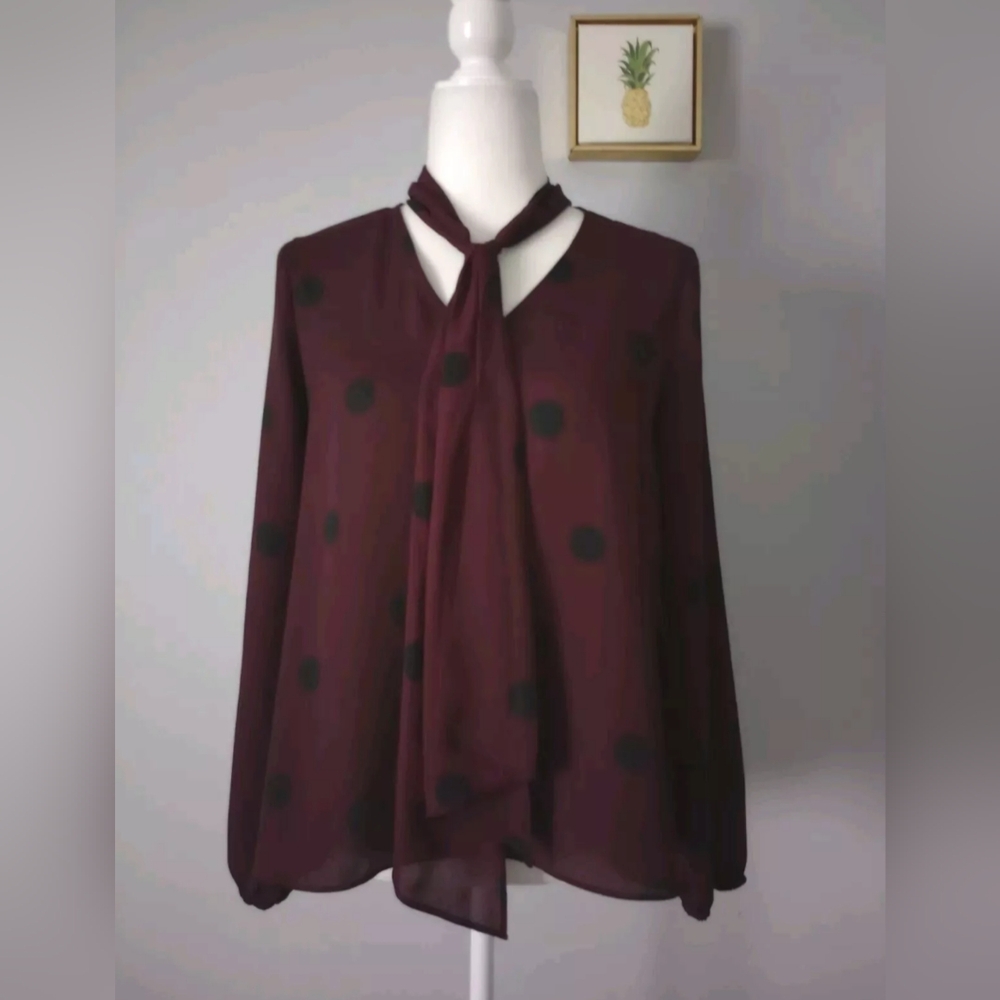 Worthington Blouse Women With Scarf Size XS color burgundy Dots Black Buttons